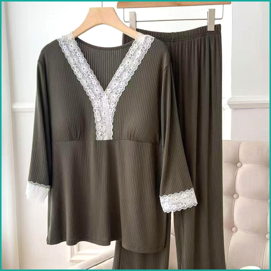 Plain Ladies Cotton Reeb Material Pajama Set - Green