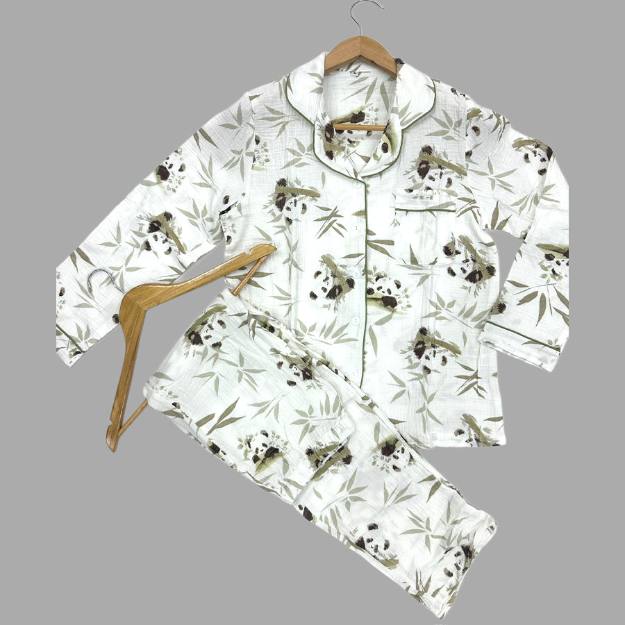 Stem Panda Ladies Front Open Pajama Set - White