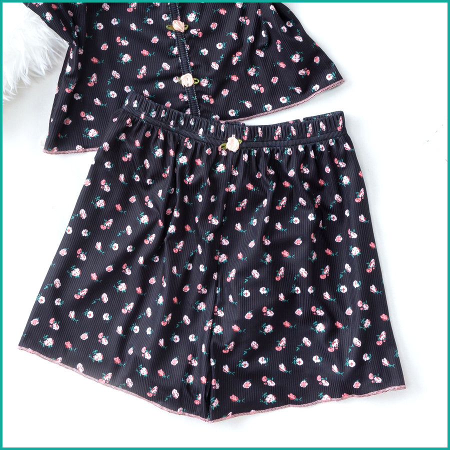 Tiny Floral Ladies Crop Sleeveless T-Shirt with Shorts - Navy