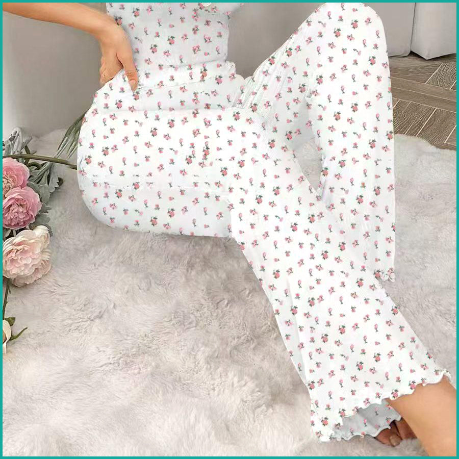 Mini Floral Ladies Loungewear Pajama Set - White