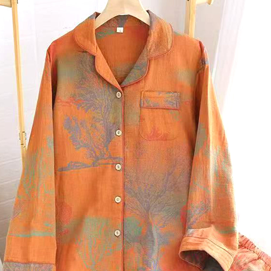 Trees Ladies Front Open Pajama Set - Orange