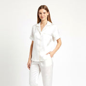 Ladies Loungewear Sarten Front Open Pajama Set - White