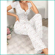 Mini Floral Ladies Loungewear Pajama Set - White