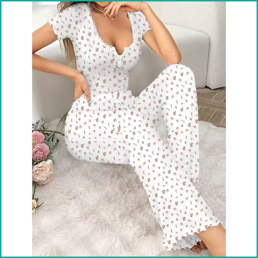 Mini Floral Ladies Loungewear Pajama Set - White