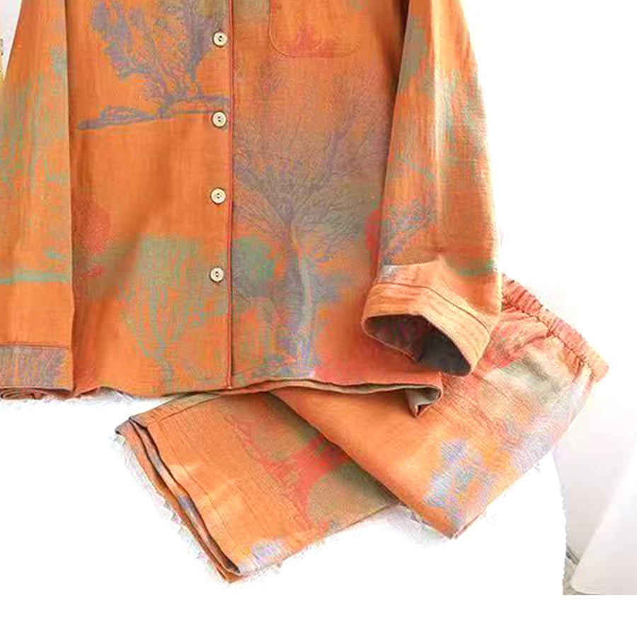 Trees Ladies Front Open Pajama Set - Orange
