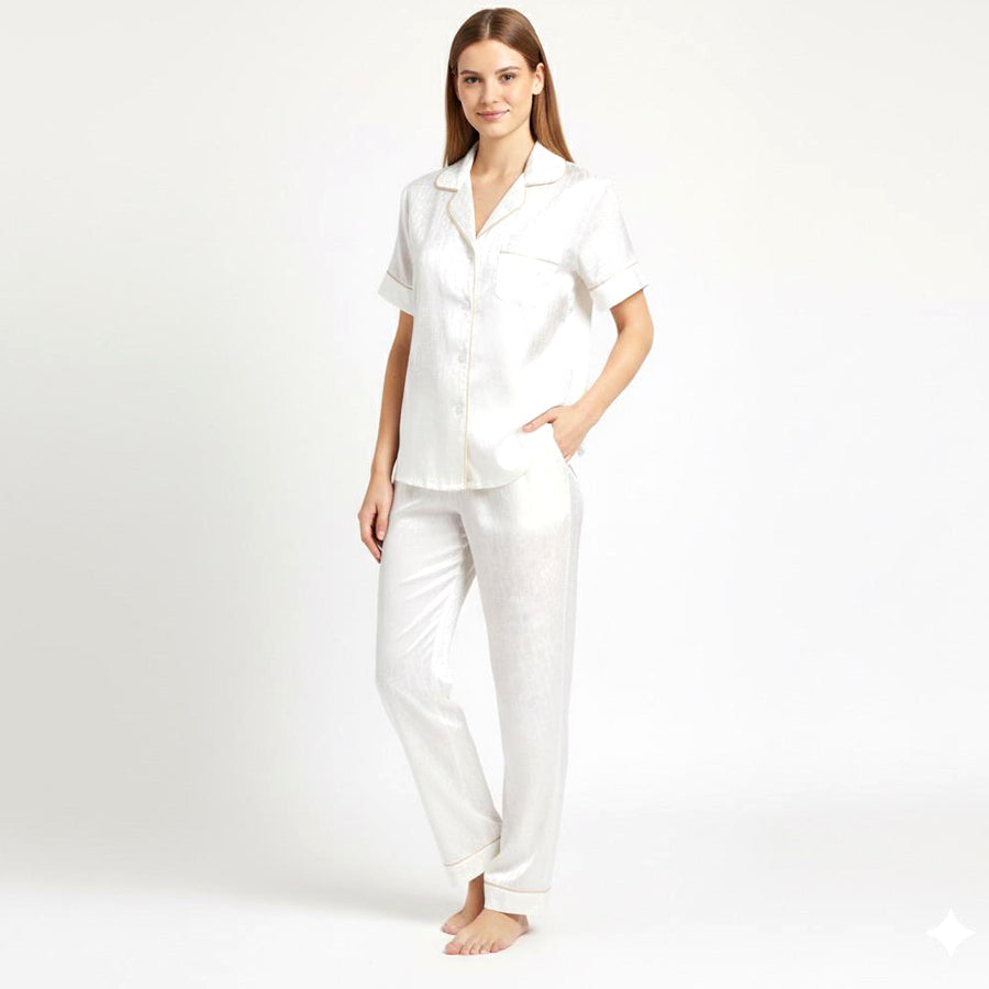Ladies Loungewear Sarten Front Open Pajama Set - White