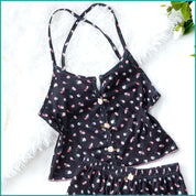 Tiny Floral Ladies Crop Sleeveless T-Shirt with Shorts - Navy