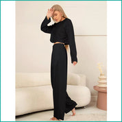Ladies Loungewear with Crop Top with Wide-Leg Pant - Black