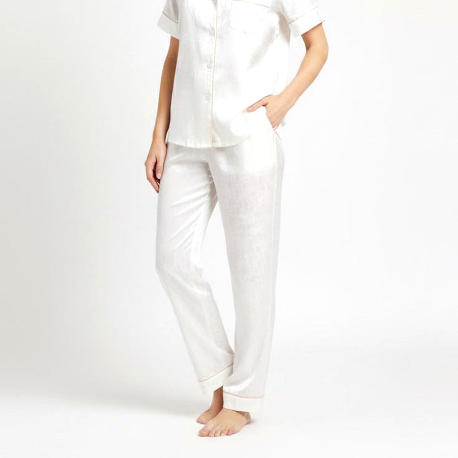 Ladies Loungewear Sarten Front Open Pajama Set - White