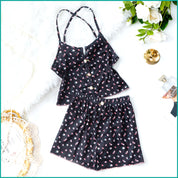 Tiny Floral Ladies Crop Sleeveless T-Shirt with Shorts - Navy