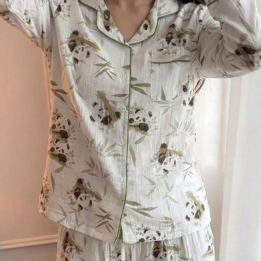 Stem Panda Ladies Front Open Pajama Set - White