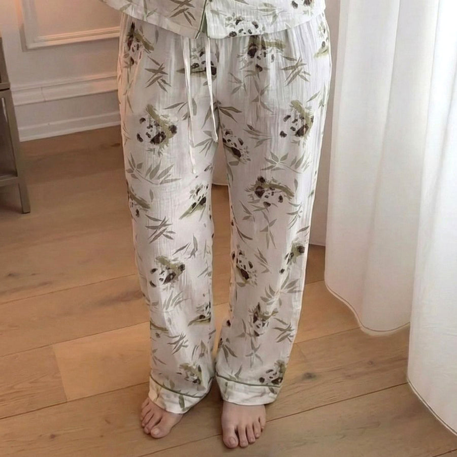 Stem Panda Ladies Front Open Pajama Set - White