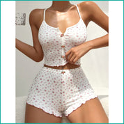 Floral Button Ladies Crop Sleeveless T-Shirt with Shorts - White