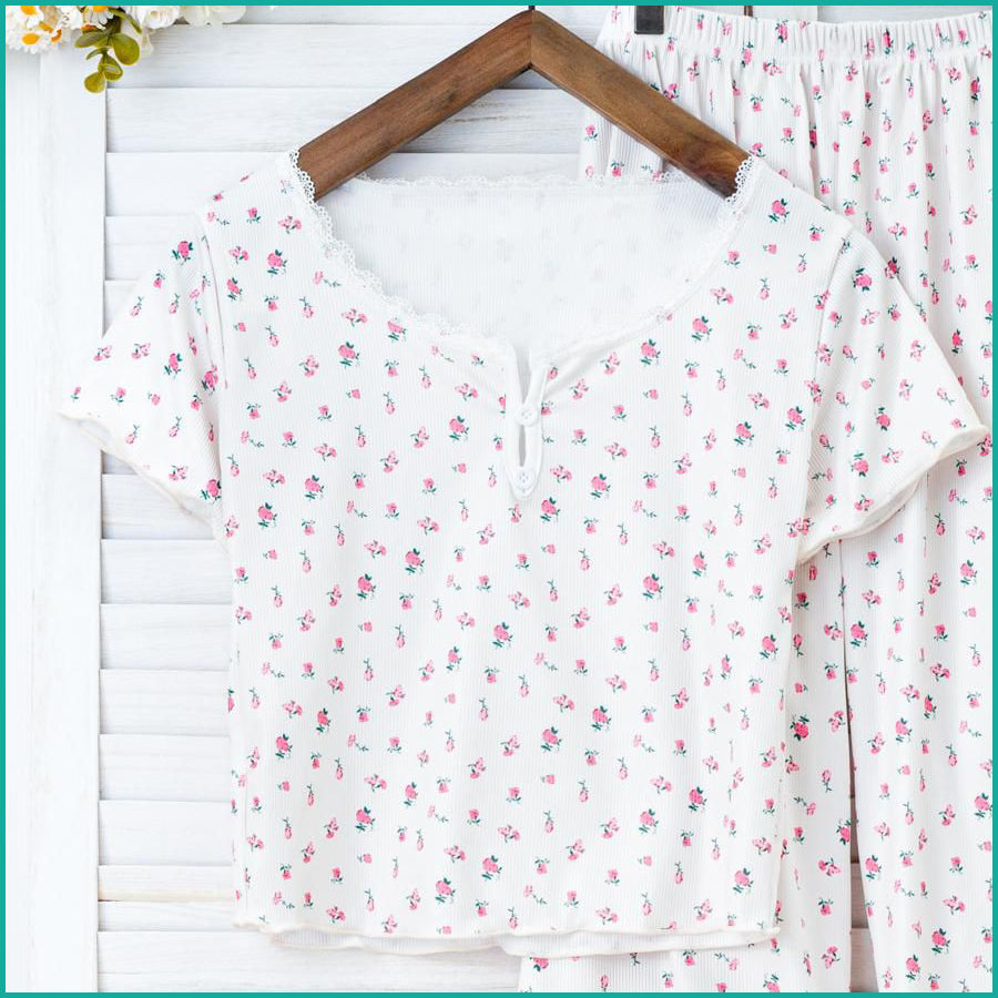 Mini Floral Ladies Loungewear Pajama Set - White