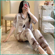 Leaves Ladies Linen Material Pajama Set - Grey