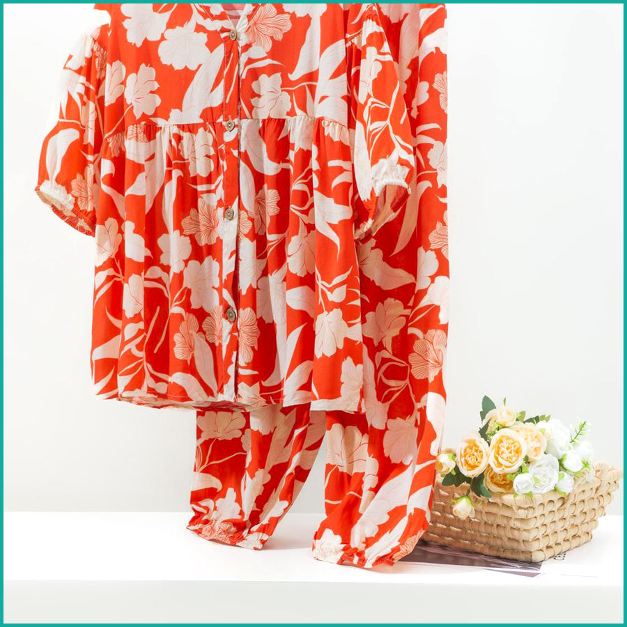 Floral Ladies Full Sleeves Pajama Set Viscos Fine Material - Orange