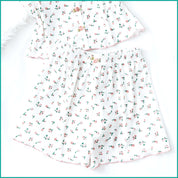 Floral Button Ladies Crop Sleeveless T-Shirt with Shorts - White