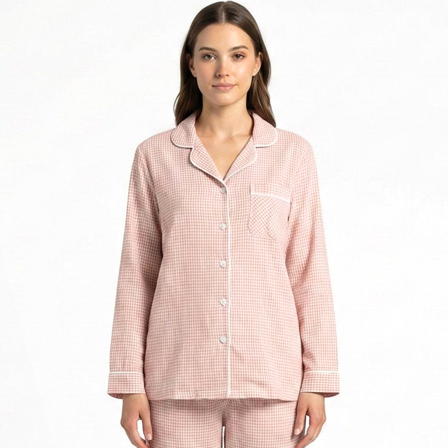 Mini Checks Ladies Front Open Pajama Set - Pink