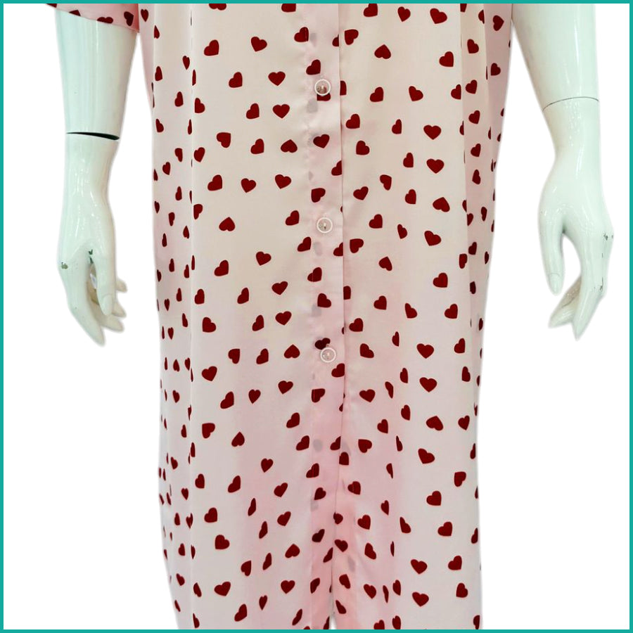 Mini Heart Ladies Sleepwear Long Dress Satin Material - Pink