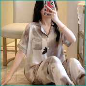 Leaves Ladies Linen Material Pajama Set - Grey