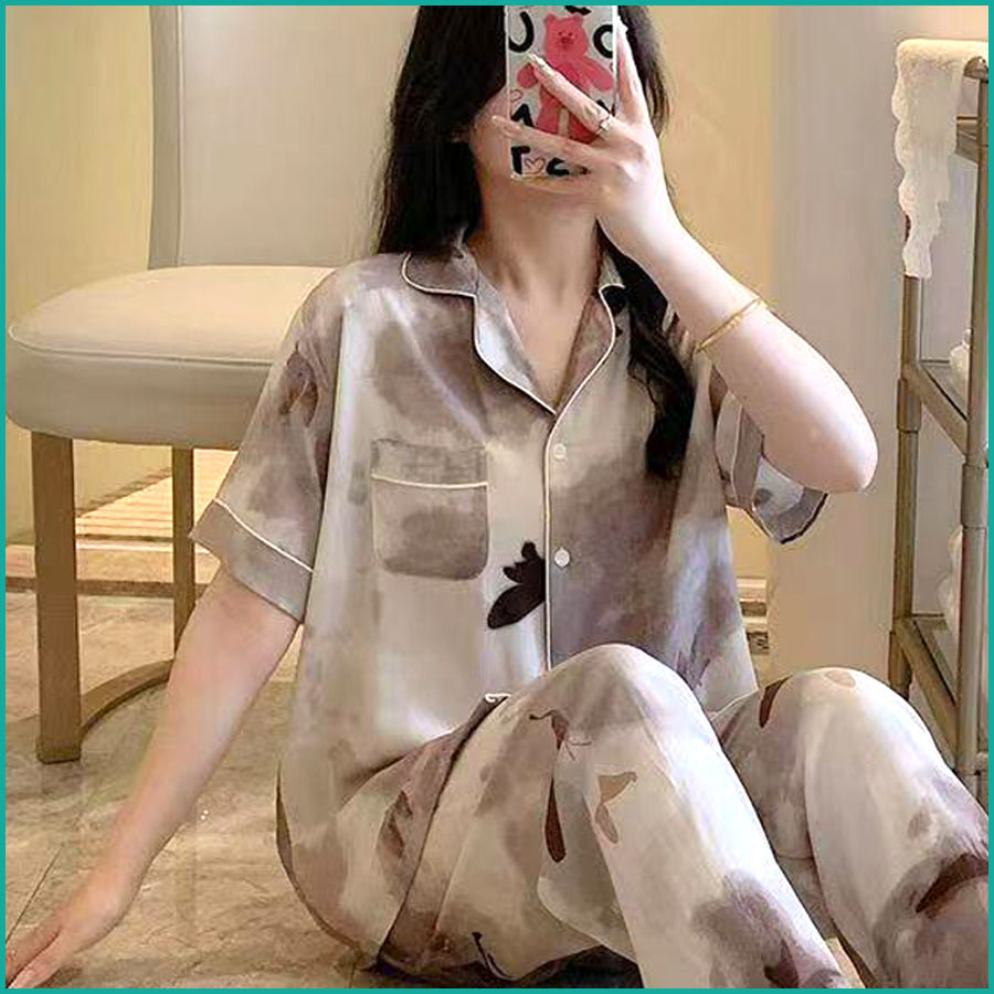 Leaves Ladies Linen Material Pajama Set - Grey