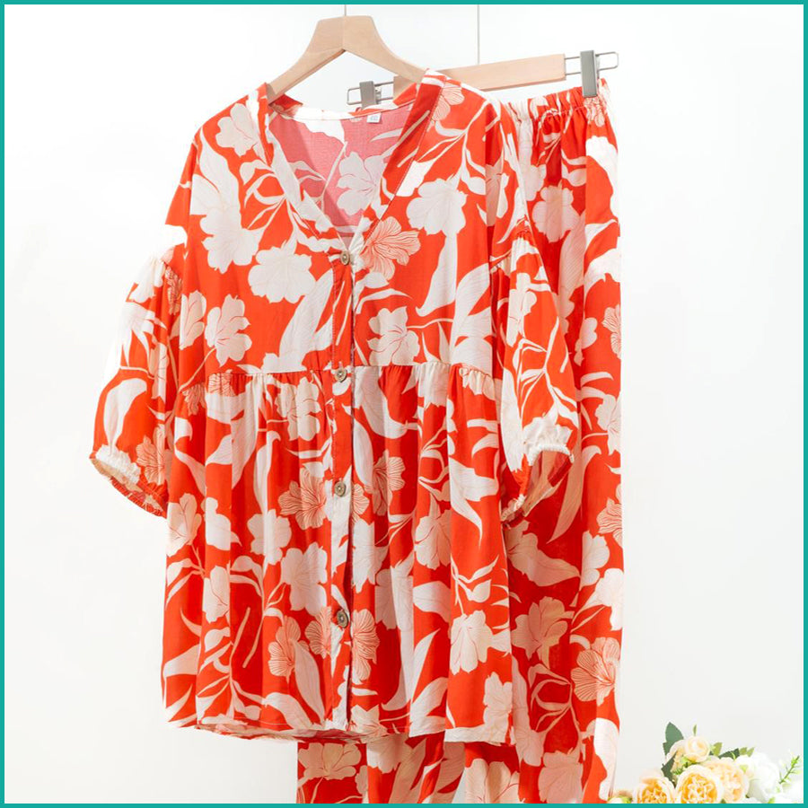 Floral Ladies Full Sleeves Pajama Set Viscos Fine Material - Orange