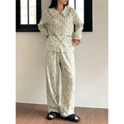 Colorful Flowers Ladies Front Open Pajama Set - White