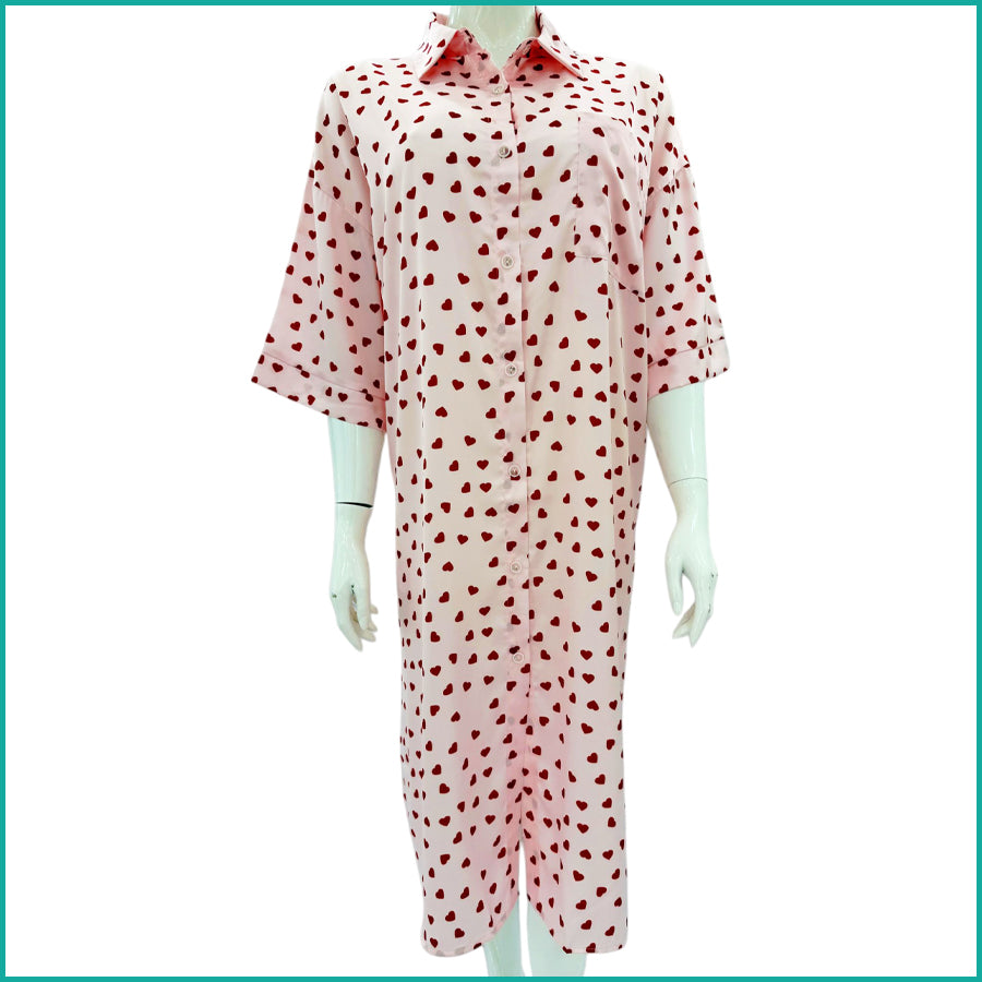 Mini Heart Ladies Sleepwear Long Dress Satin Material - Pink