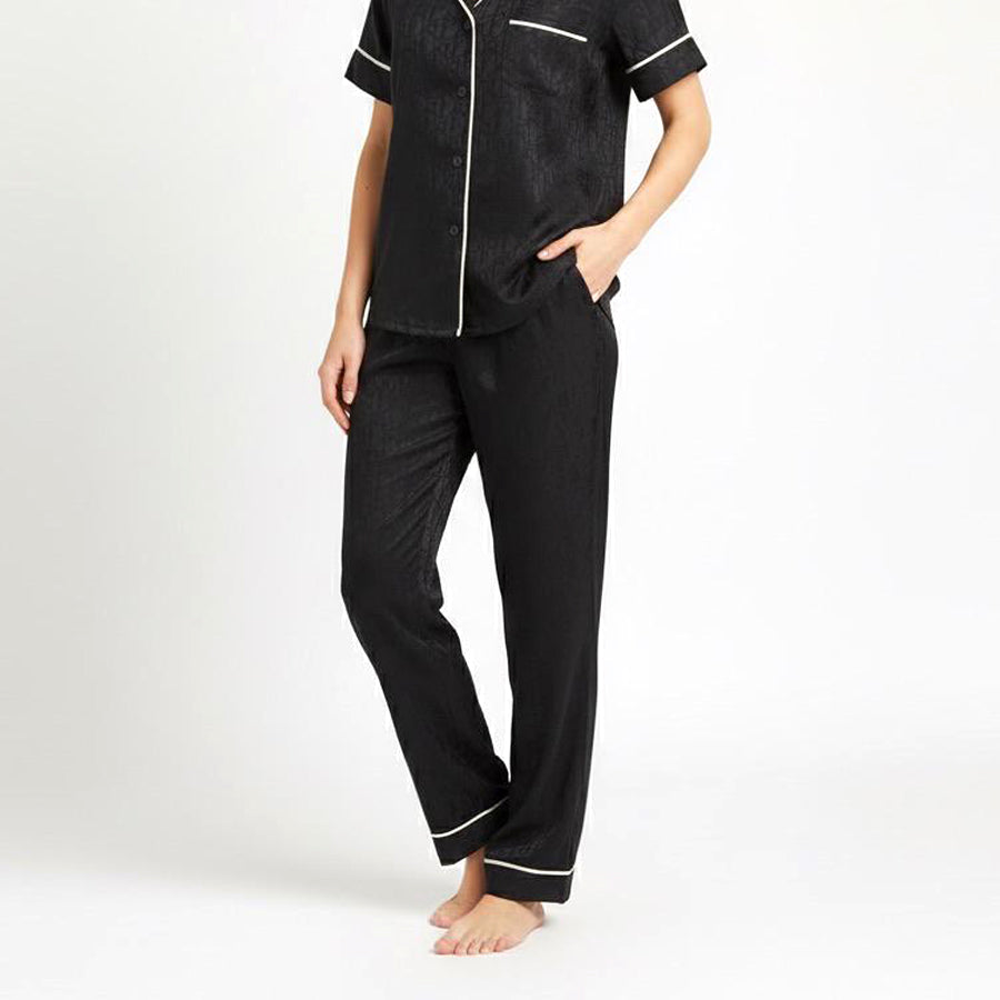 Ladies Loungewear Sarten Front Open Pajama Set - Black