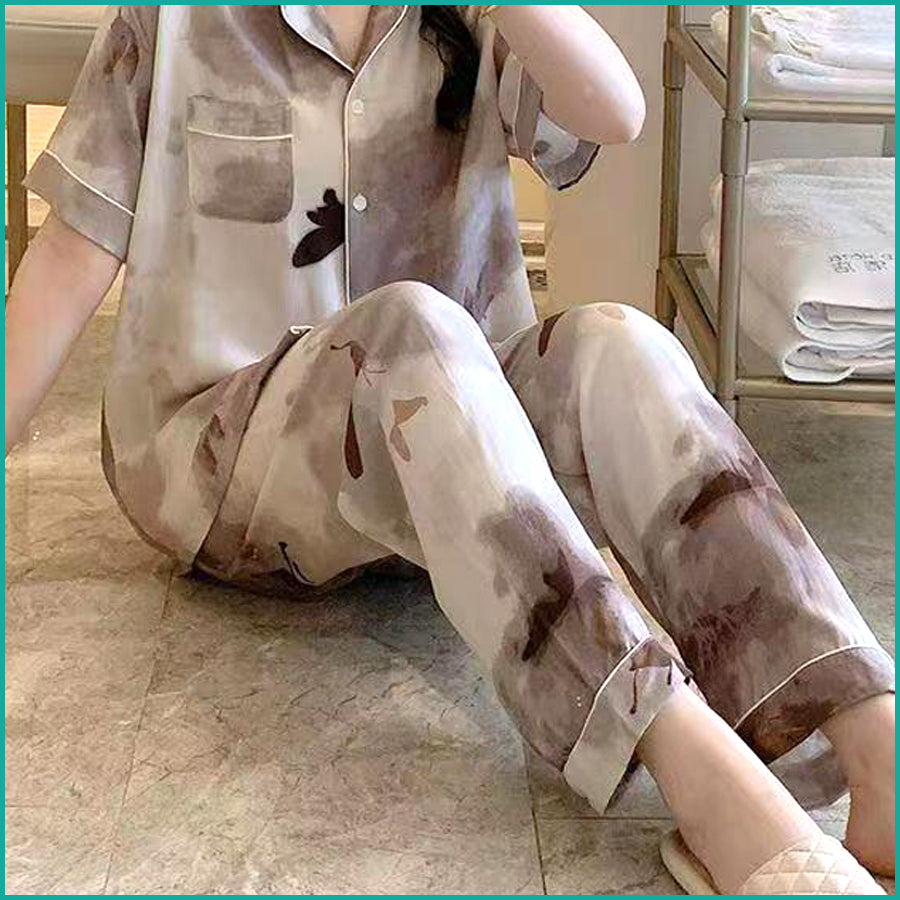 Leaves Ladies Linen Material Pajama Set - Grey
