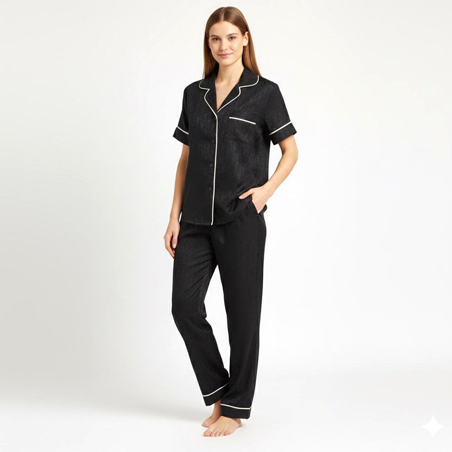 Ladies Loungewear Sarten Front Open Pajama Set - Black