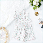 Floral Button Ladies Crop Sleeveless T-Shirt with Shorts - White