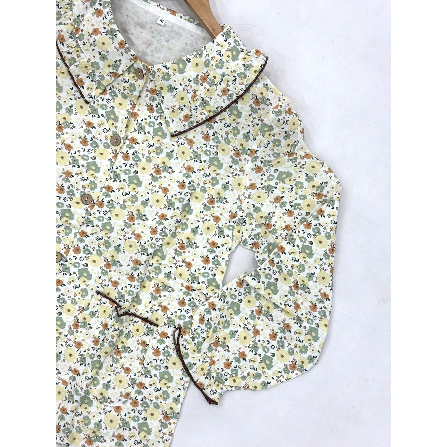 Colorful Flowers Ladies Front Open Pajama Set - White