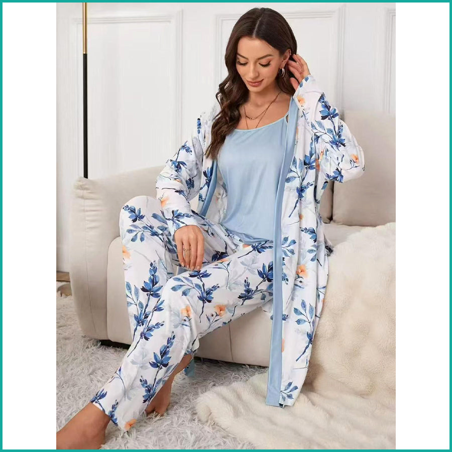 Floral Ladies Loungewear 3 Pcs Set - Sky Blue