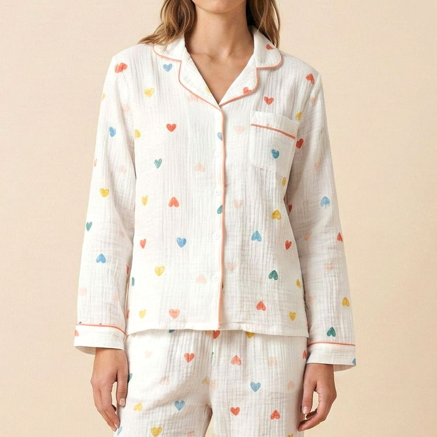 Colorful Heart Ladies Front Open Pajama Set - White