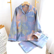 Flowers Ladies Front Open Pajama Set - Blue