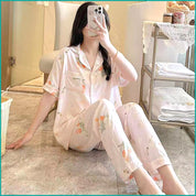 Light Rose Ladies Linen Material Pajama Set - Pink