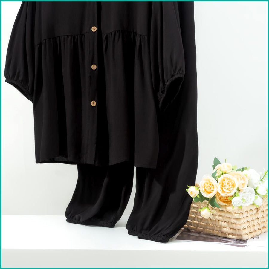 Plain Ladies Full Sleeves Pajama Set Viscos Fine Material - Black