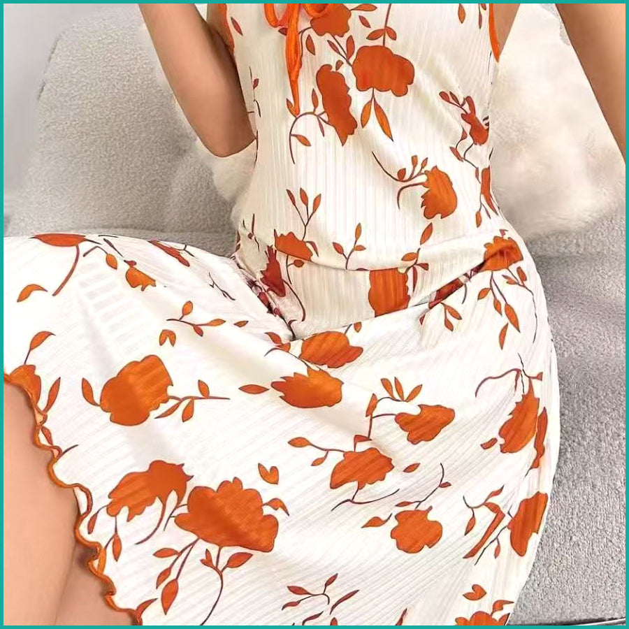 Brown Floral Ladies Cotton Stretch Material Nightwear - White