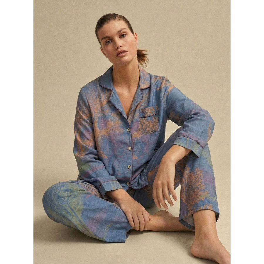 Flowers Ladies Front Open Pajama Set - Blue