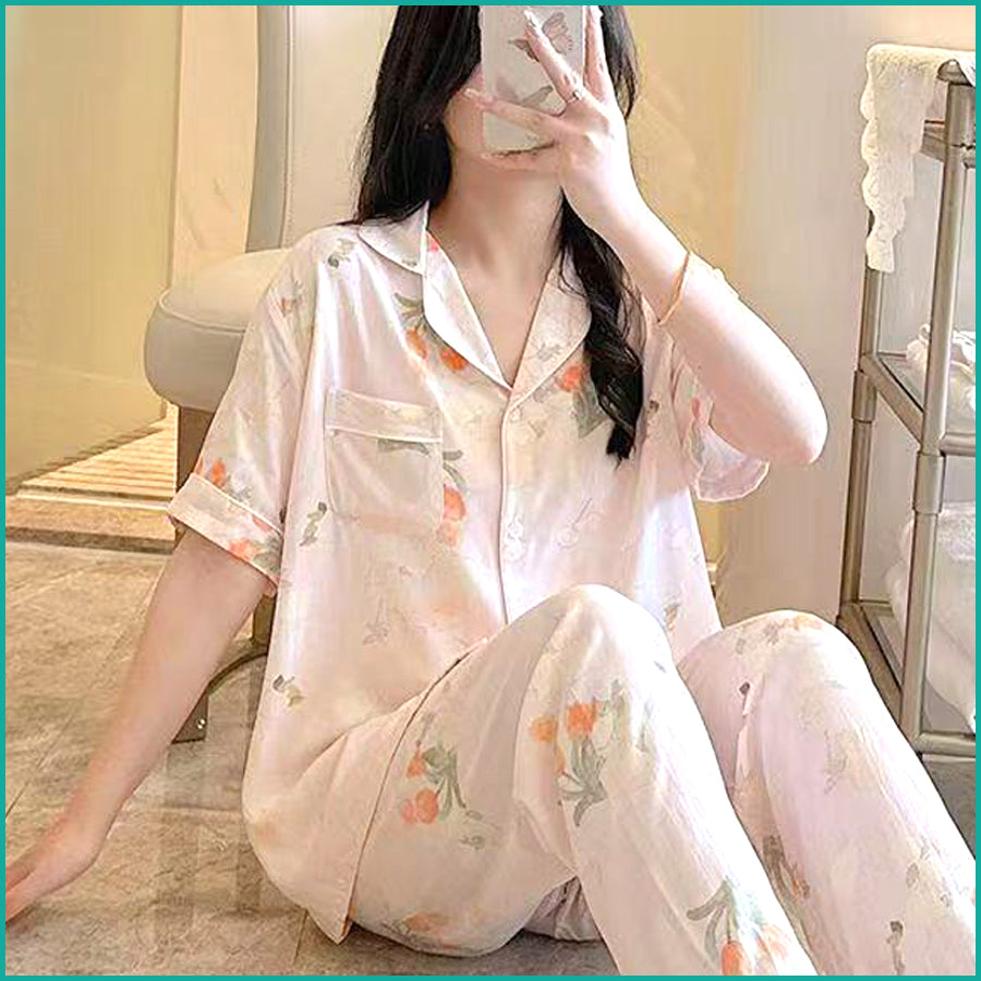 Light Rose Ladies Linen Material Pajama Set - Pink