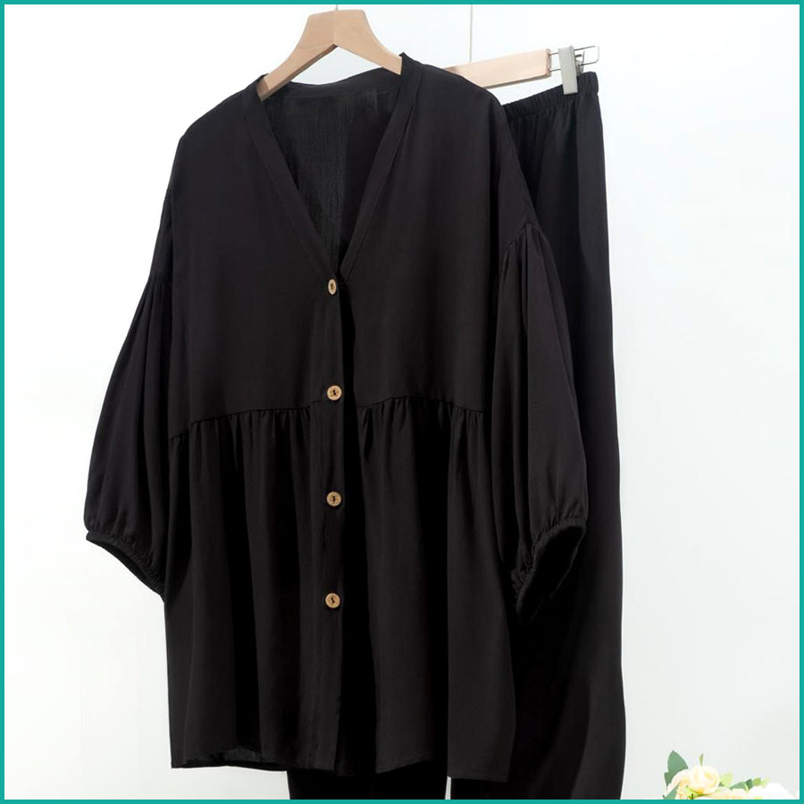 Plain Ladies Full Sleeves Pajama Set Viscos Fine Material - Black