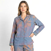 Flowers Ladies Front Open Pajama Set - Blue