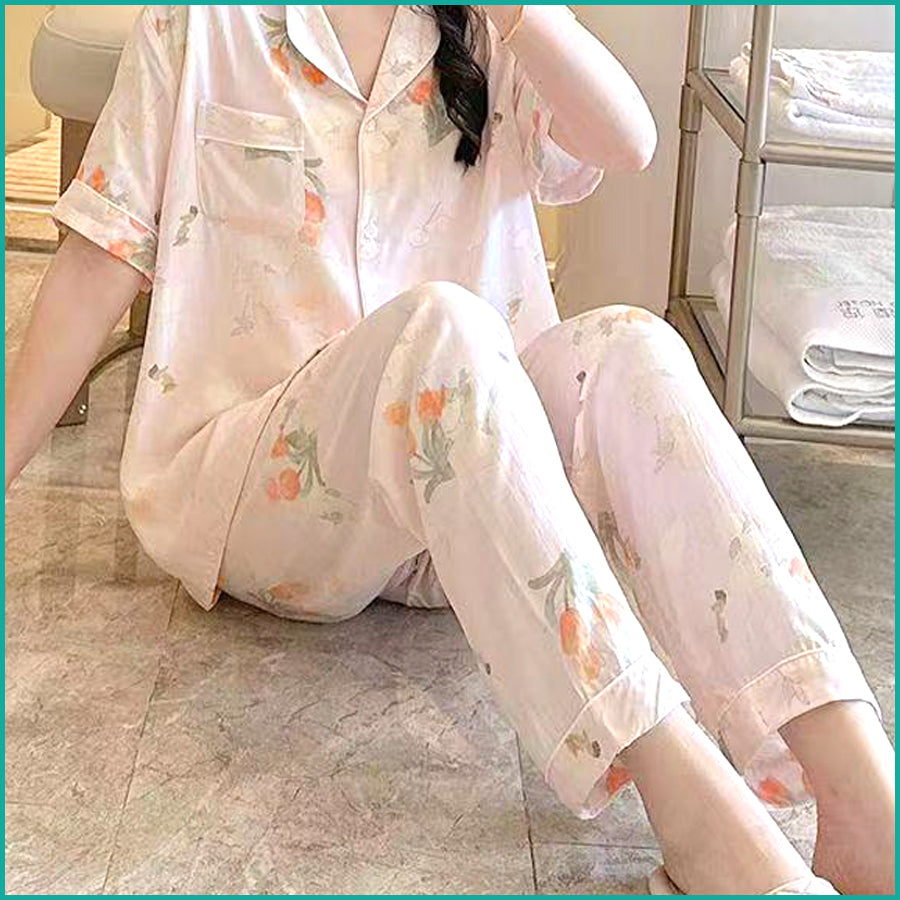 Light Rose Ladies Linen Material Pajama Set - Pink