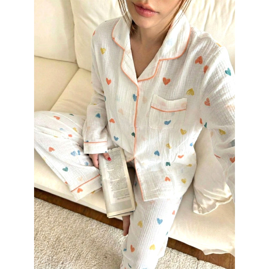 Colorful Heart Ladies Front Open Pajama Set - White