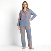 Flowers Ladies Front Open Pajama Set - Blue