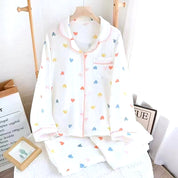 Colorful Heart Ladies Front Open Pajama Set - White