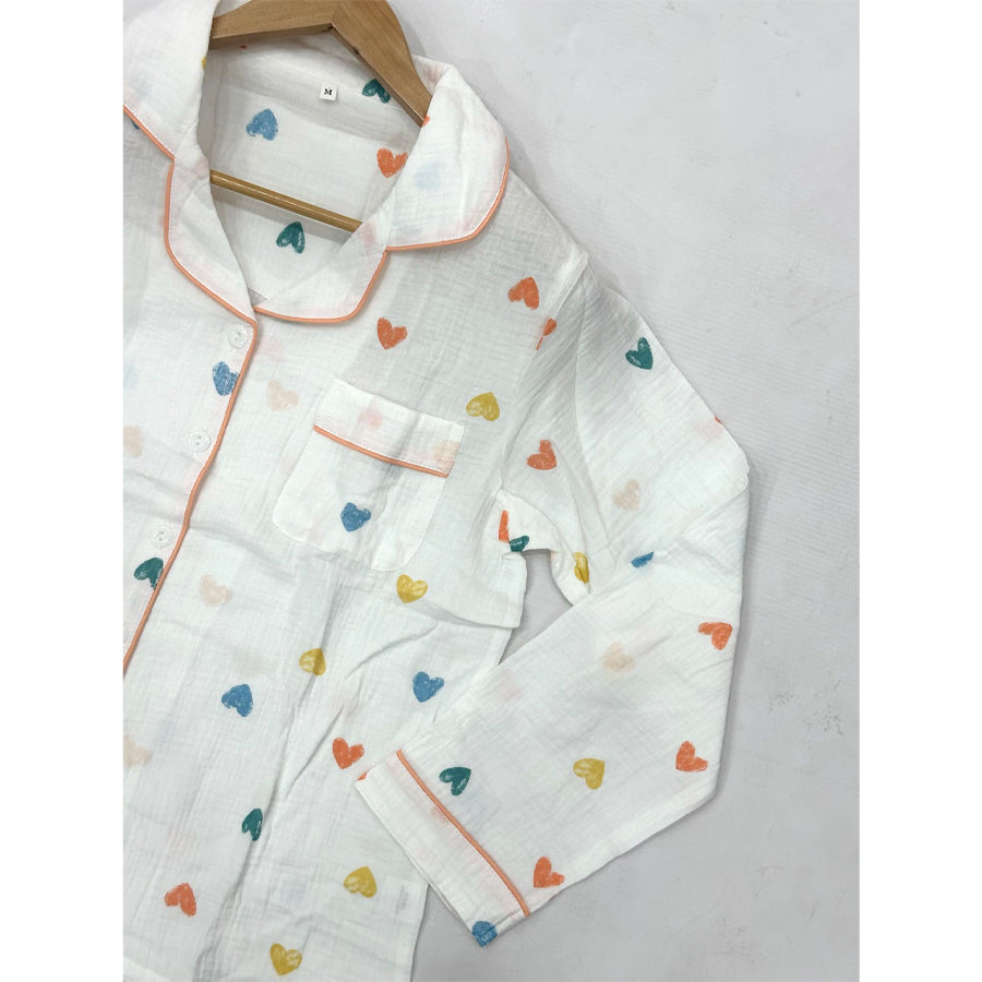 Colorful Heart Ladies Front Open Pajama Set - White