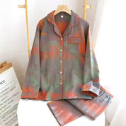 Flowers Ladies Front Open Pajama Set - Orange