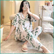 Leaves Ladies Linen Material Pajama Set - White